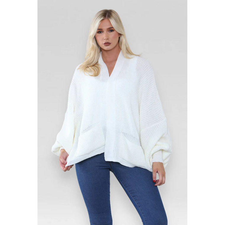 Stylish Oversized Cropped Knitted Cardigan with Balloon Pockets - Cream / One Size UK Fits