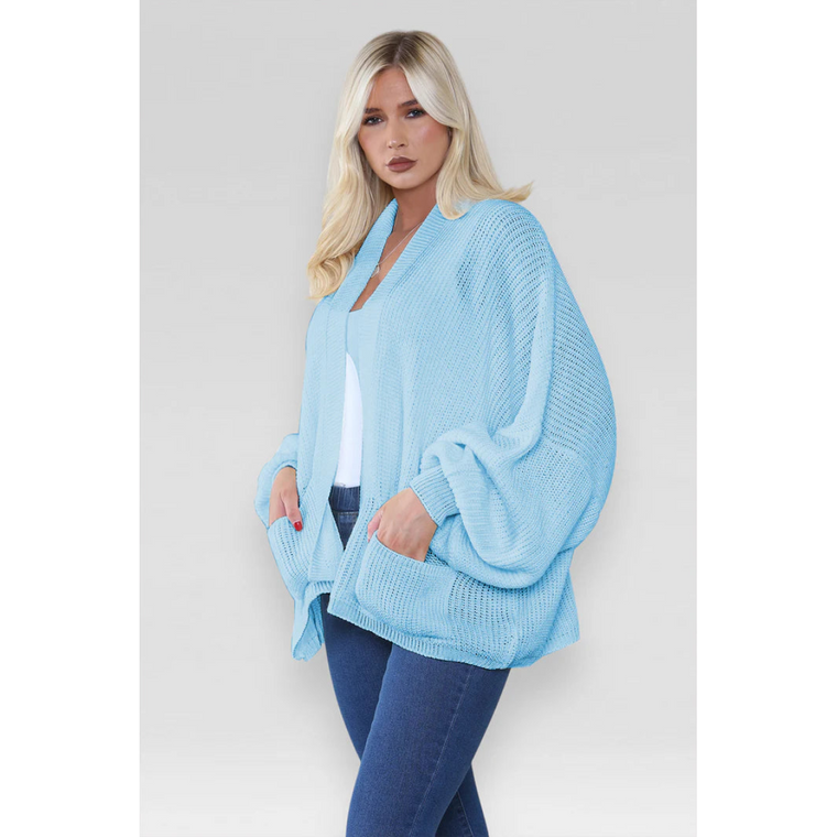 Stylish Oversized Cropped Knitted Cardigan with Balloon Pockets - Sky Blue / One Size UK Fits