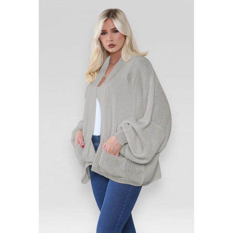 Stylish Oversized Cropped Knitted Cardigan with Balloon Pockets - Dove Grey / One Size UK Fits