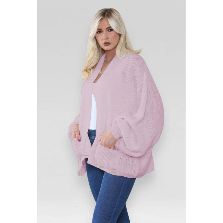 Stylish Oversized Cropped Knitted Cardigan with Balloon Pockets - Baby Pink / One Size UK Fits