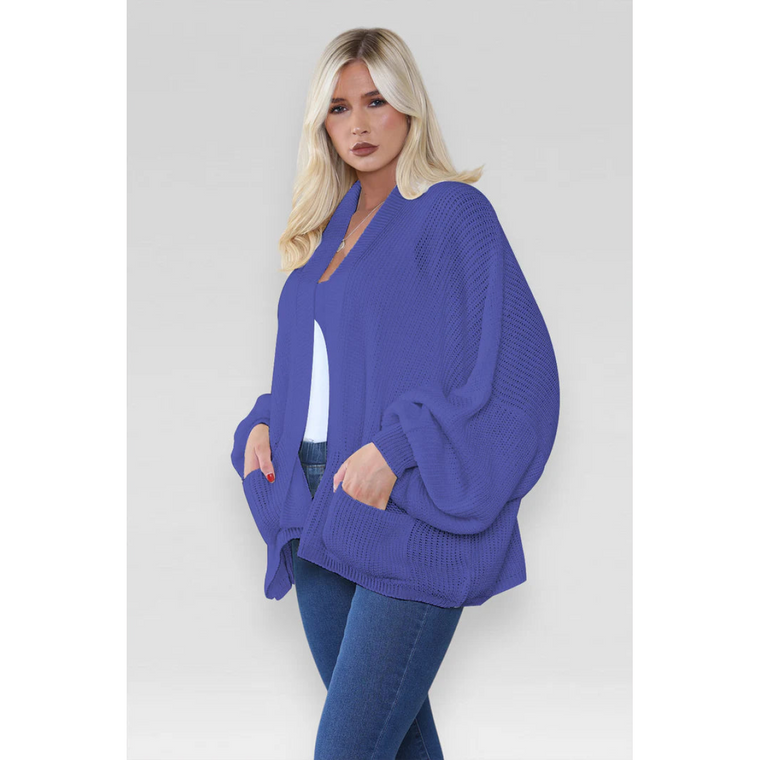 Stylish Oversized Cropped Knitted Cardigan with Balloon Pockets - Ink Blue / One Size UK Fits
