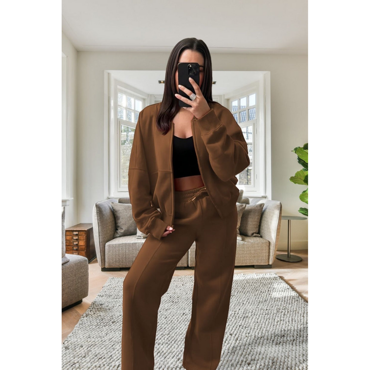 Stylish Oversized Fleece Tracksuit Set for Ultimate Comfort - Chocolate / XS/S