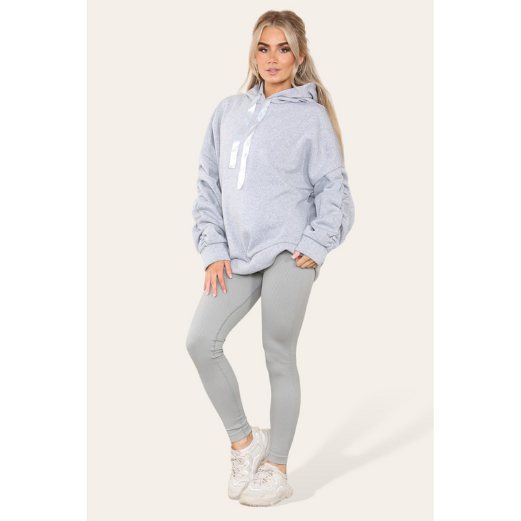 Stylish Plus Size Ruched Sleeve Hoodie with Satin Ribbon - Comfortable & Warm - Grey / S/M