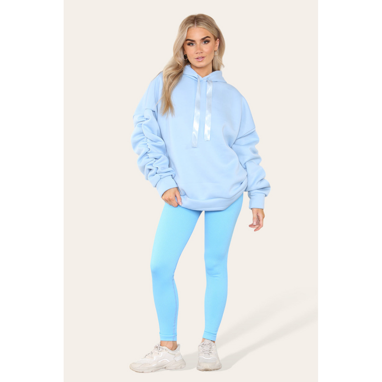 Stylish Plus Size Ruched Sleeve Hoodie with Satin Ribbon - Comfortable & Warm - Sky Blue / S/M