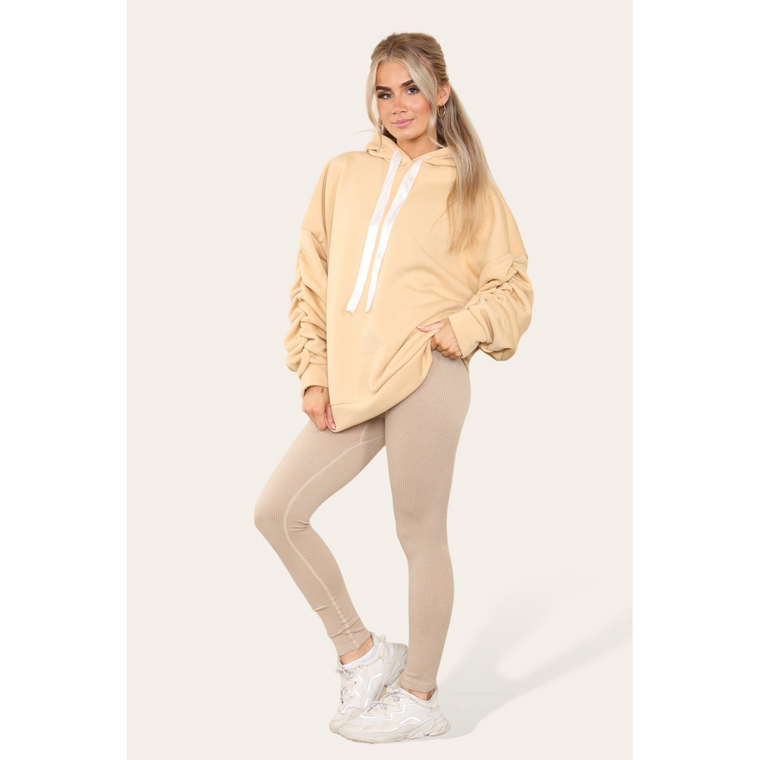 Stylish Plus Size Ruched Sleeve Hoodie with Satin Ribbon - Comfortable & Warm - Beige / M/L