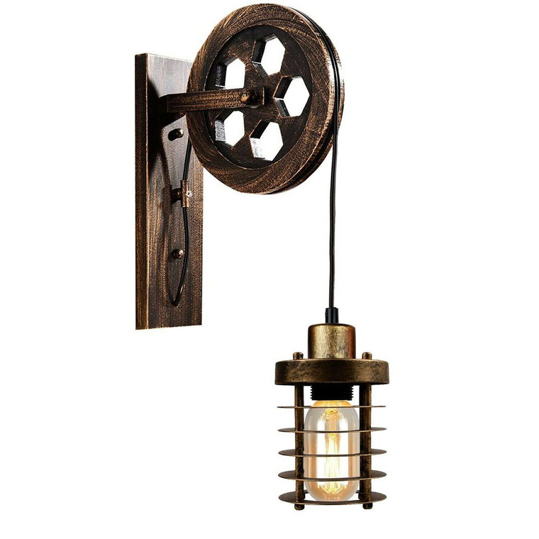 Vintage Industrial Pulley Wheel Wall Mounted Light Metal Cylinder Shape Shade - With Bulb / Brushed Copper