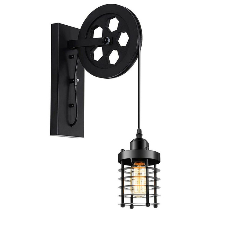 Vintage Industrial Pulley Wheel Wall Mounted Light Metal Cylinder Shape Shade - Without Bulb / Black