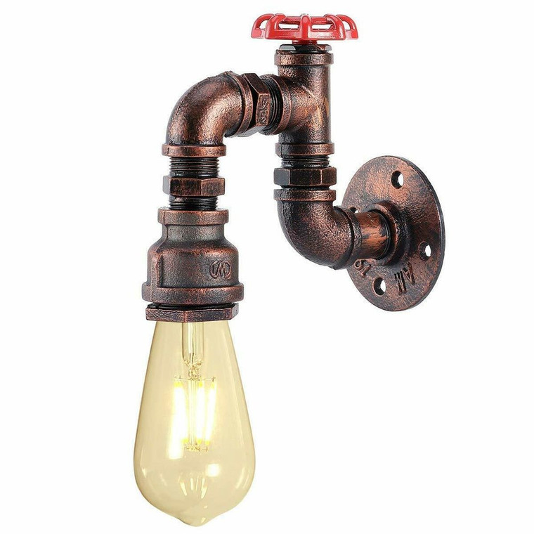 Vintage Industrial Water Pipe Lamp Retro Light Steampunk Wall Sconce - with bulb / Rustic Red
