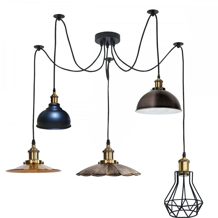 Retro Industrial Metal Multi Shade 5 Way Ceiling Pendant Spider Lamp For Bar, Bedroom - Without Bulb