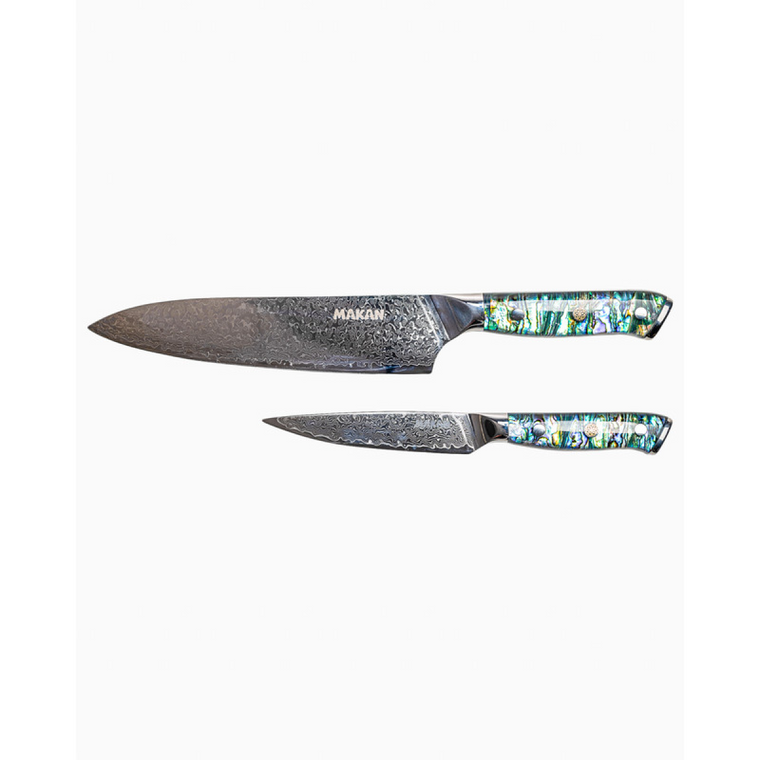 Chefs Knife & Utility Knife Damascus Steel Set - Blue Shell