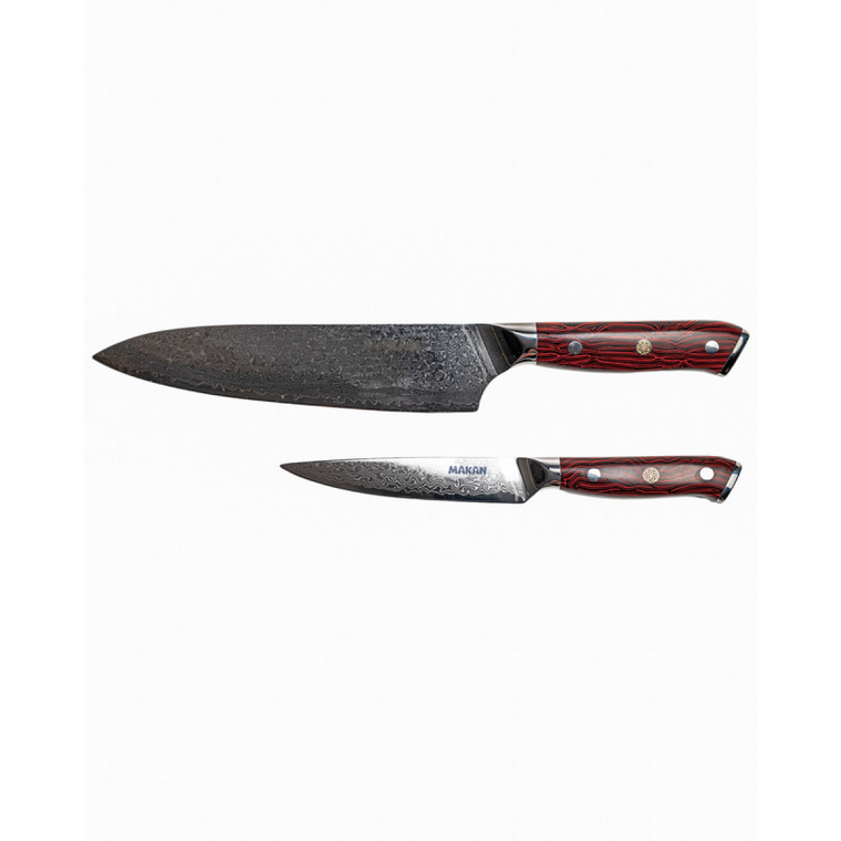 Chefs Knife & Utility Knife Damascus Steel Set - red RIPPLE