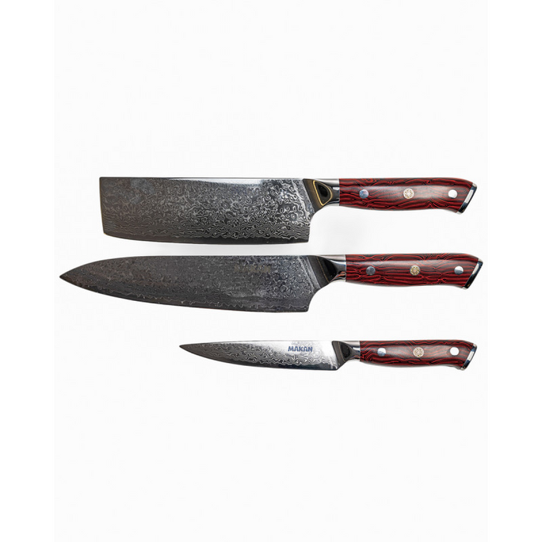 Damascus Steel Chefs Knife, Utility Knife & Vegetable Knife Set - RED RIPPLE