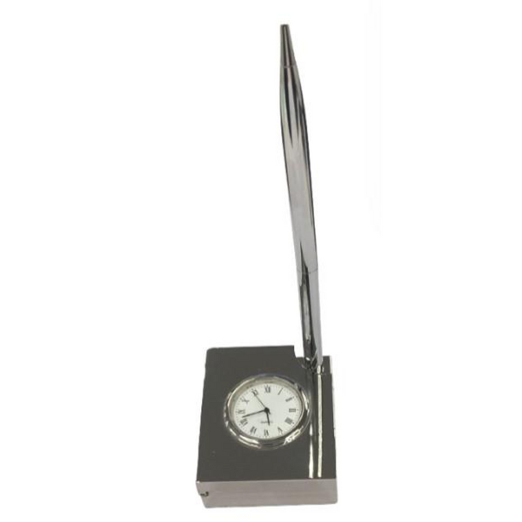 Miniature Clock Silver Plated Solid Brass Clock with Silver tone Ball Pen IMP408S - CLEARANCE NEEDS RE-BATTERY & Refill