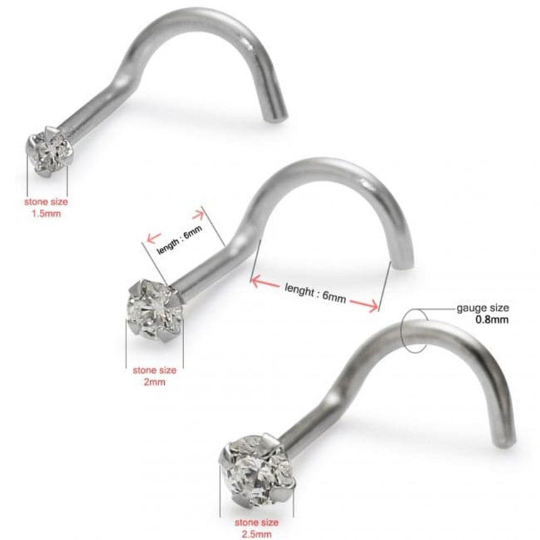 14ct Solid Gold CZ Set Nose Screw Stud - High Quality & Durable - Professional Seller - 2mm / White Gold