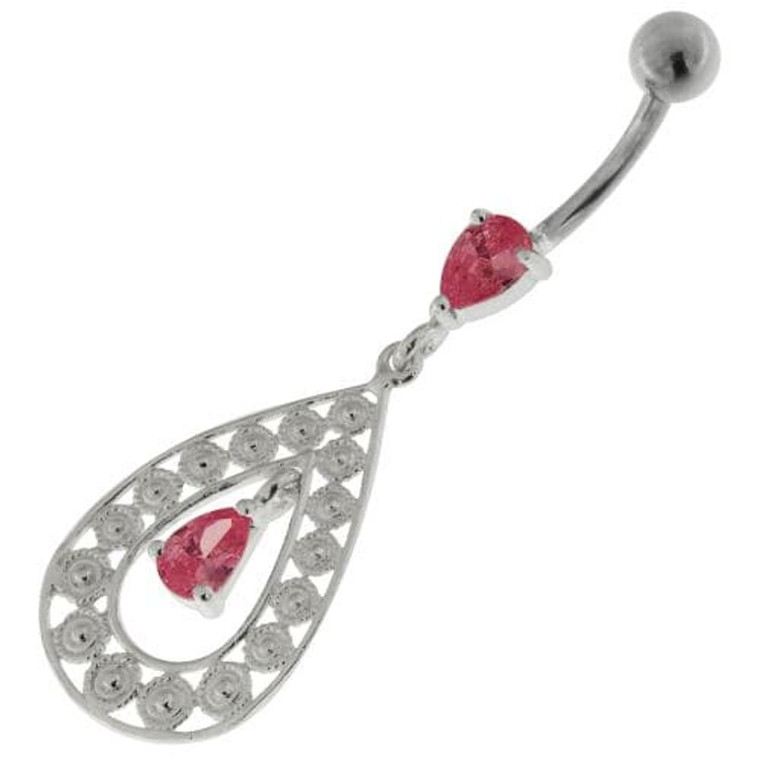 925 Sterling Silver Multi flowers in Tear Shape Belly Button Ring - Pink