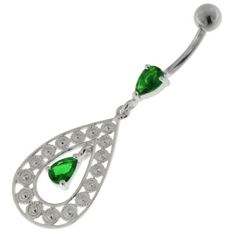 925 Sterling Silver Multi flowers in Tear Shape Belly Button Ring - Emerald