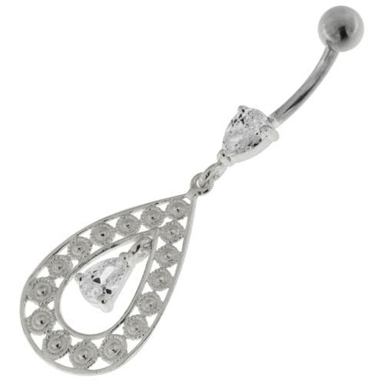 925 Sterling Silver Multi flowers in Tear Shape Belly Button Ring - Clear