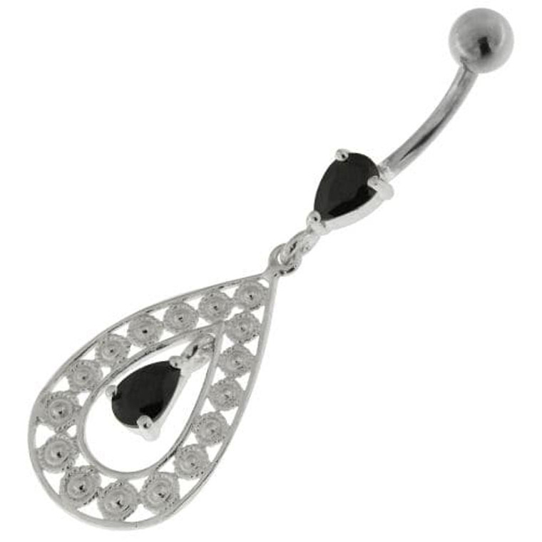 925 Sterling Silver Multi flowers in Tear Shape Belly Button Ring - Black