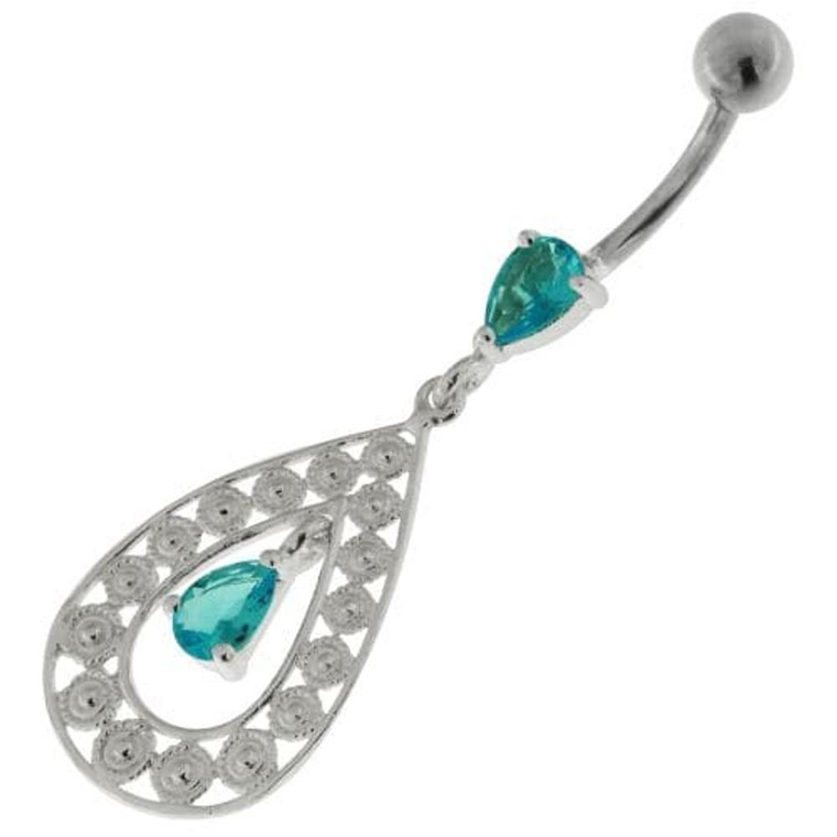 925 Sterling Silver Multi flowers in Tear Shape Belly Button Ring - Aqua