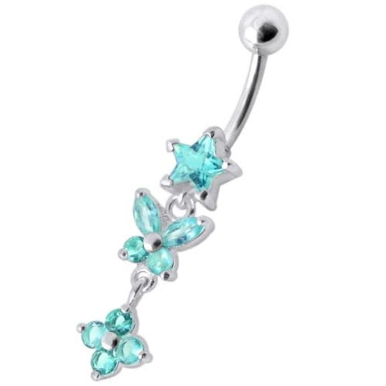 Fancy  Multi Flower Jeweled Dangling Navel Ring - Aqua