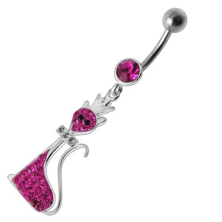 Fancy Black Jeweled Pussy Cat  With Crown Dangling SS Banana Bar Belly Ring - Pink