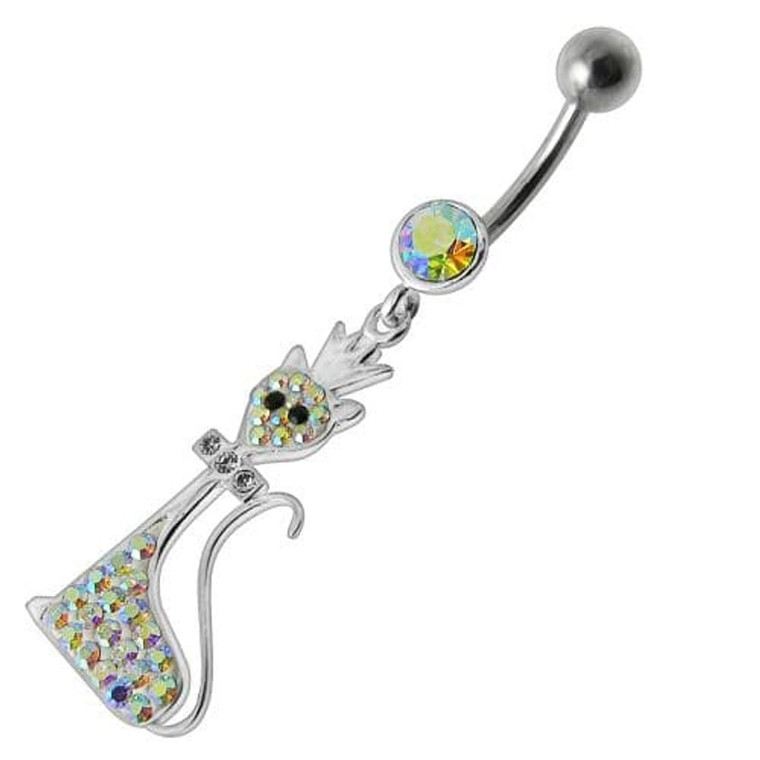 Fancy Black Jeweled Pussy Cat  With Crown Dangling SS Banana Bar Belly Ring - Rainbow