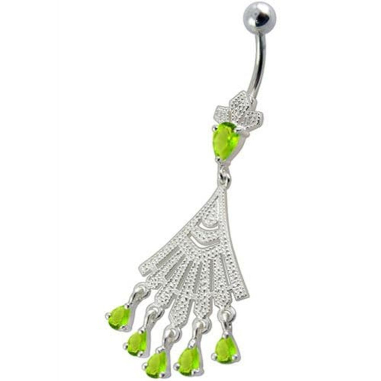Fancy Chendelier White Jeweled Dangling Navel Curved Ring - Peridot