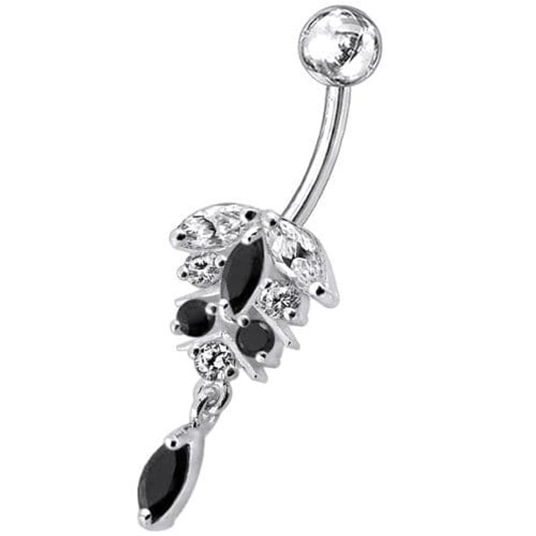 Fancy Dangling Jeweled Banana Bar Navel Ring - black