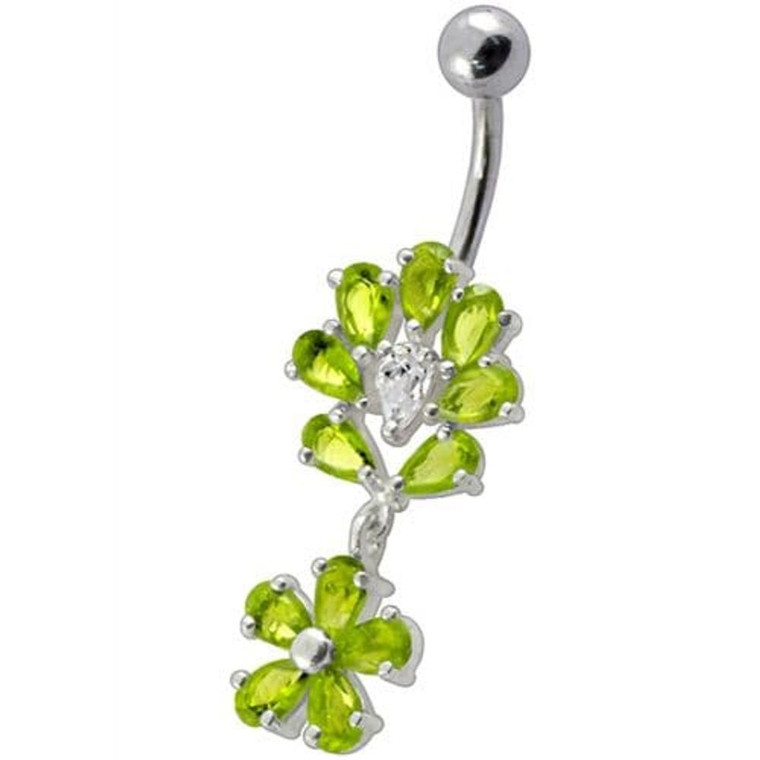 Fancy Flower Jeweled Dangling Belly Navel Body Jewelry Ring - Peridot