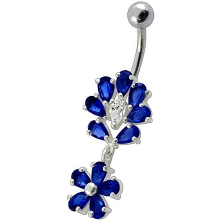 Fancy Flower Jeweled Dangling Belly Navel Body Jewelry Ring - Dark Blue