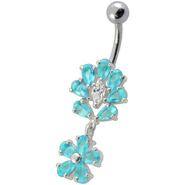 Fancy Flower Jeweled Dangling Belly Navel Body Jewelry Ring - Aqua