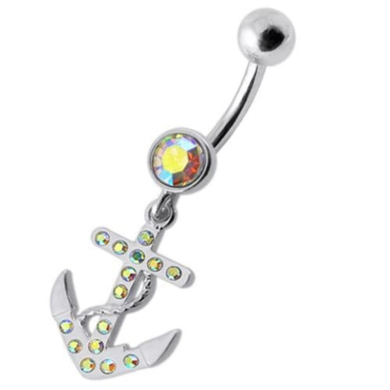 Fancy Jeweled Anchor Dangling Belly Ring - Rainbow