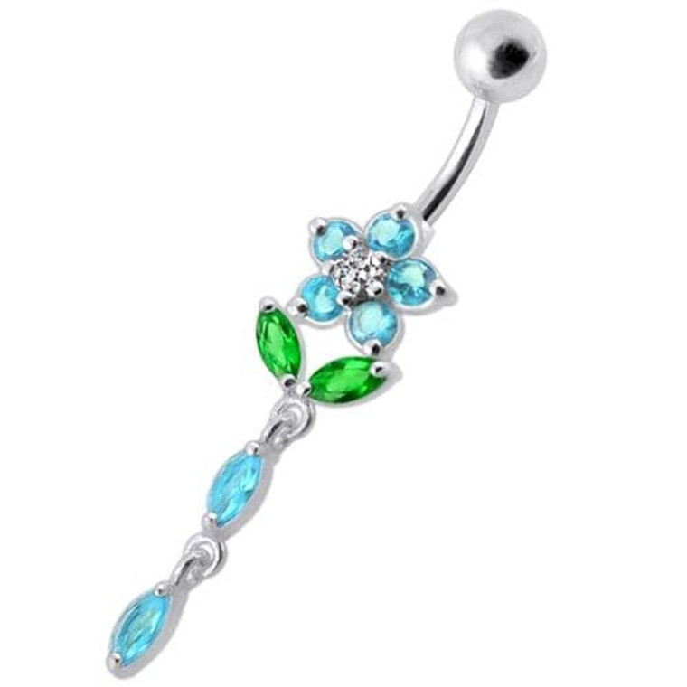 Fancy Jeweled Flower Dangling Banana Bar Navel Ring - Aqua