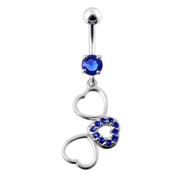 Fancy Jeweled Multi Heart Dangling SS Curved Navel Ring - Dark Blue