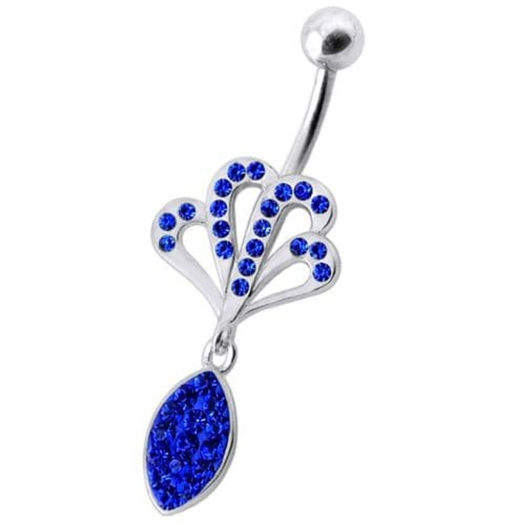 Fancy Jeweled Rasta colored belly ring with dangling pot - Dark Blue