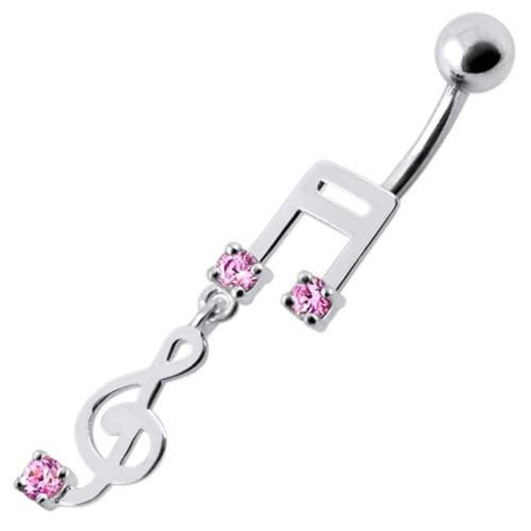 Fancy Jeweled Silver music Dangling Curved Bar Navel Ring - Pink