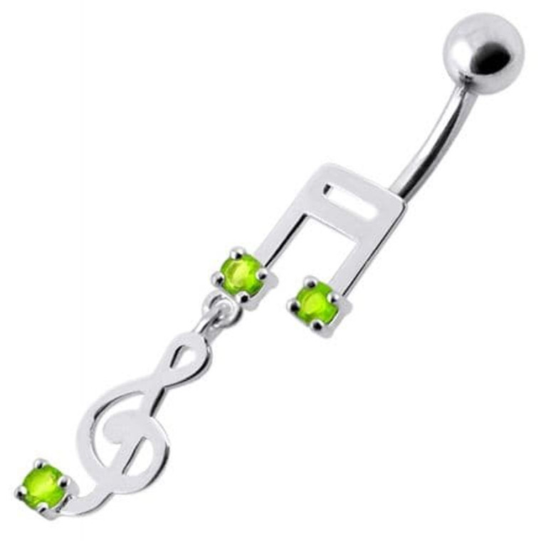 Fancy Jeweled Silver music Dangling Curved Bar Navel Ring - Peridot