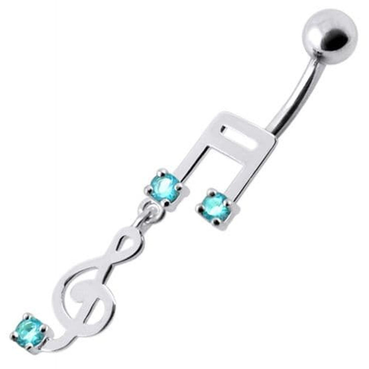 Fancy Jeweled Silver music Dangling Curved Bar Navel Ring - Aqua