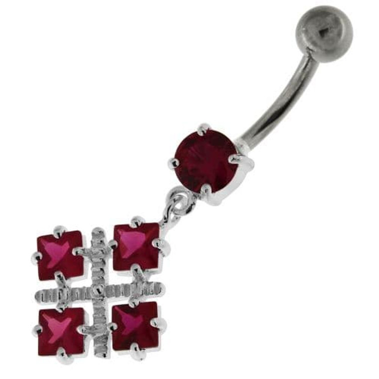 Four Square Jeweled Sterling Silver Navel Bar - Red
