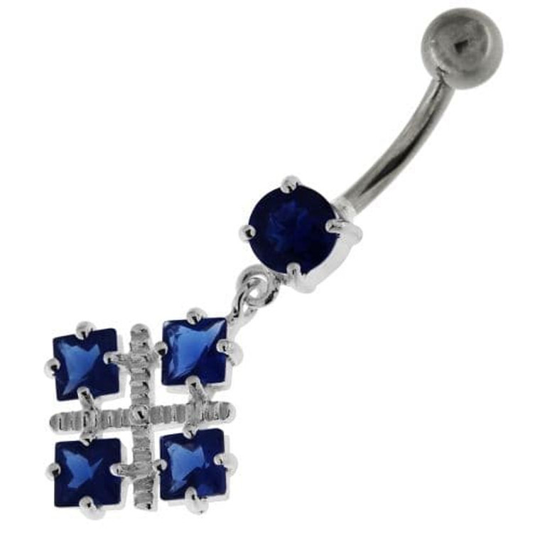 Four Square Jeweled Sterling Silver Navel Bar - Dark Blue