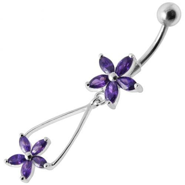 Fancy Jeweled Two Flower Silver Dangling SS Bar Navel Ring - Purple