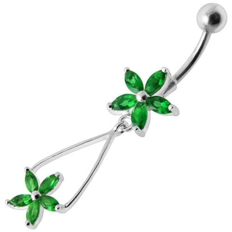 Fancy Jeweled Two Flower Silver Dangling SS Bar Navel Ring - Emerald