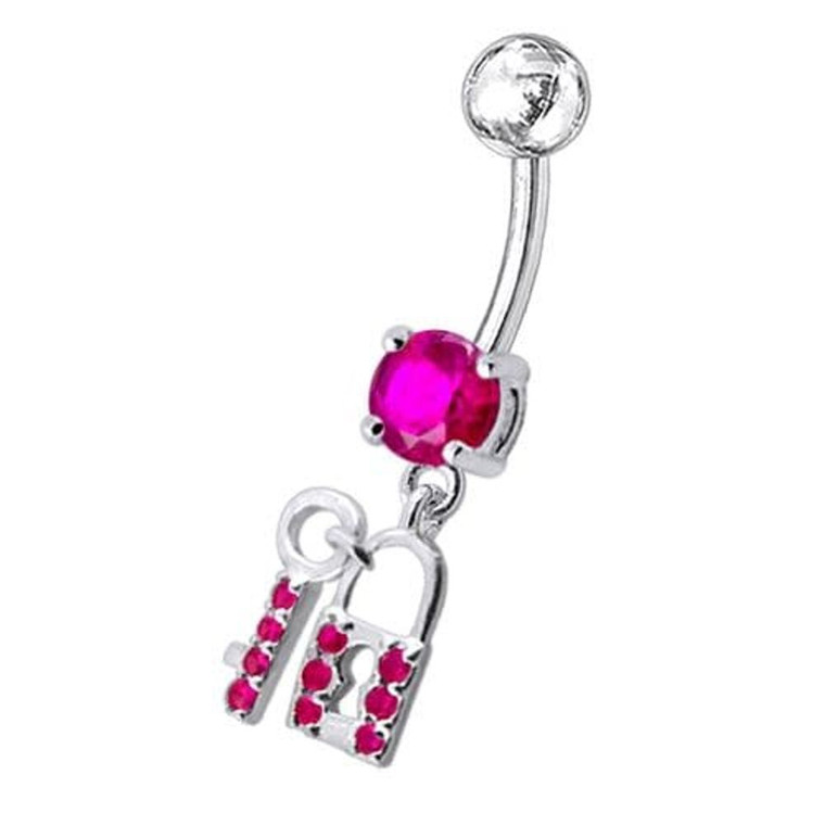 Fancy Jewelled "Lock & Key" Dangling Belly Ring - Red