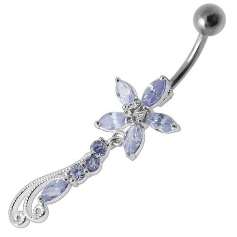 Fancy Multi Stones Jeweled Flower Dangling Navel Ring - Lavender