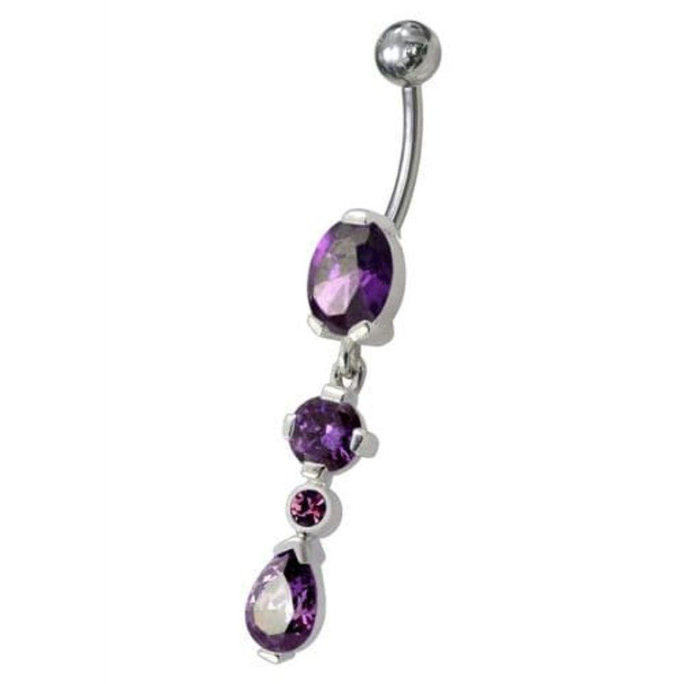 Fancy Single CZ Jeweled Dangling Navel Belly Body Jewelry Ring - Purple