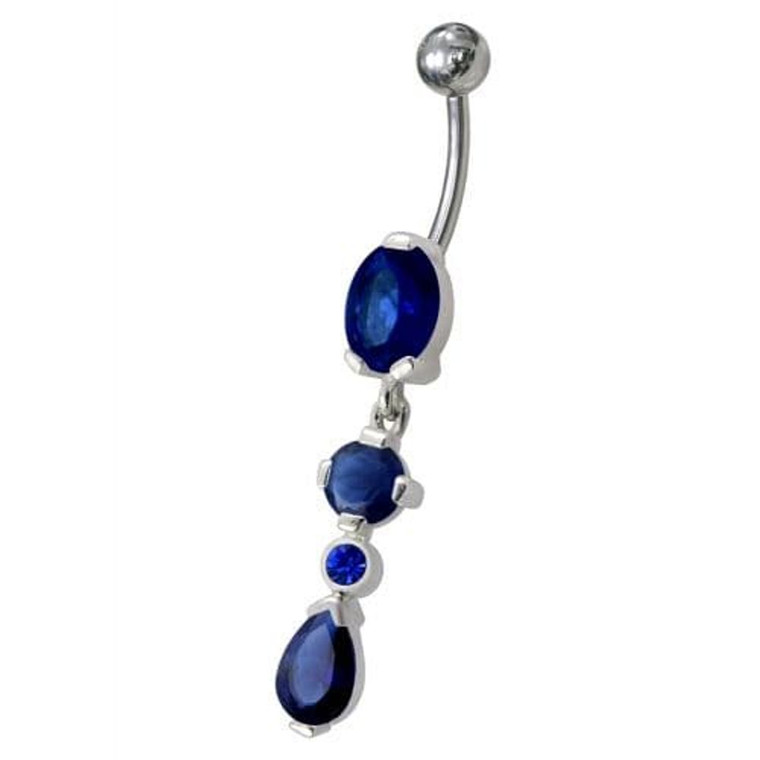 Fancy Single CZ Jeweled Dangling Navel Belly Body Jewelry Ring - Dark Blue