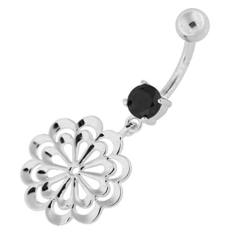 Fancy Single Stone Jeweled Dangling Belly Ring - Black