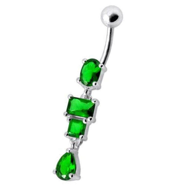 Fancy Studded Dangling Body Jewelry Curved Belly Ring - Emerald