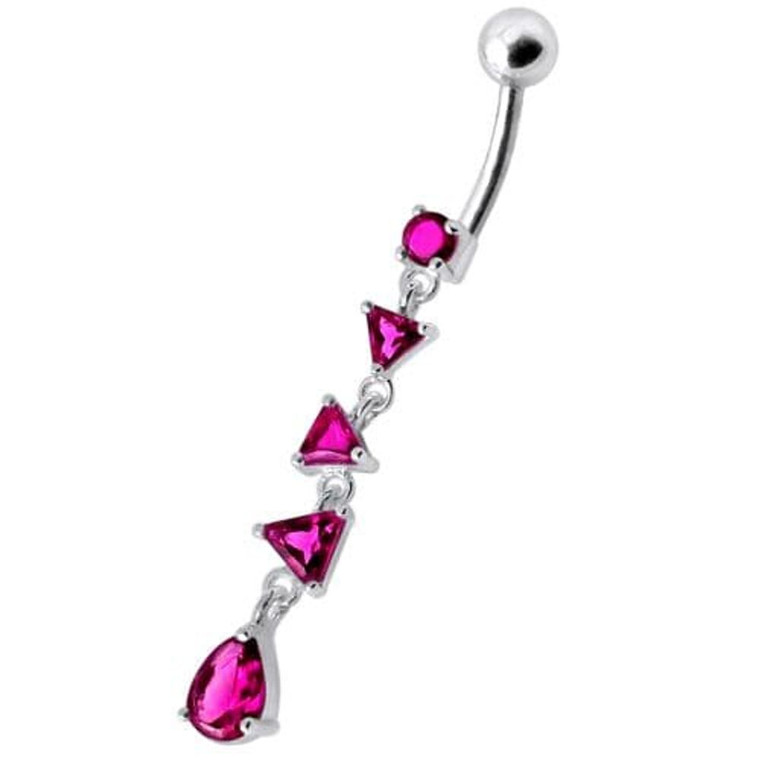 Fancy Triangle Stones Dangling SS Bar Belly Body Jewelry Ring - Red