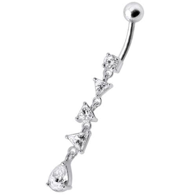 Fancy Triangle Stones Dangling SS Bar Belly Body Jewelry Ring - Clear